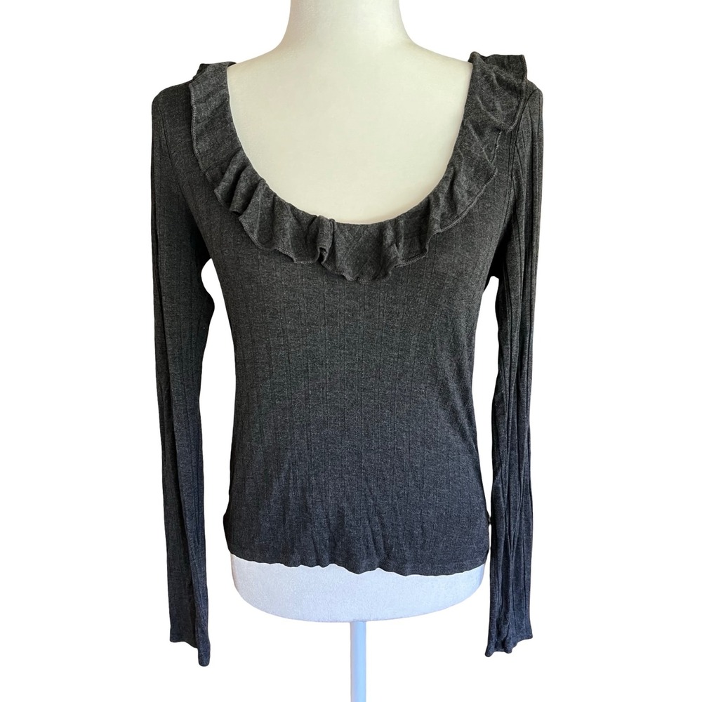Intimately Free People Grey Ribbed Ruffle Scoop Neck Long Sleeve Boho Chic S Top
